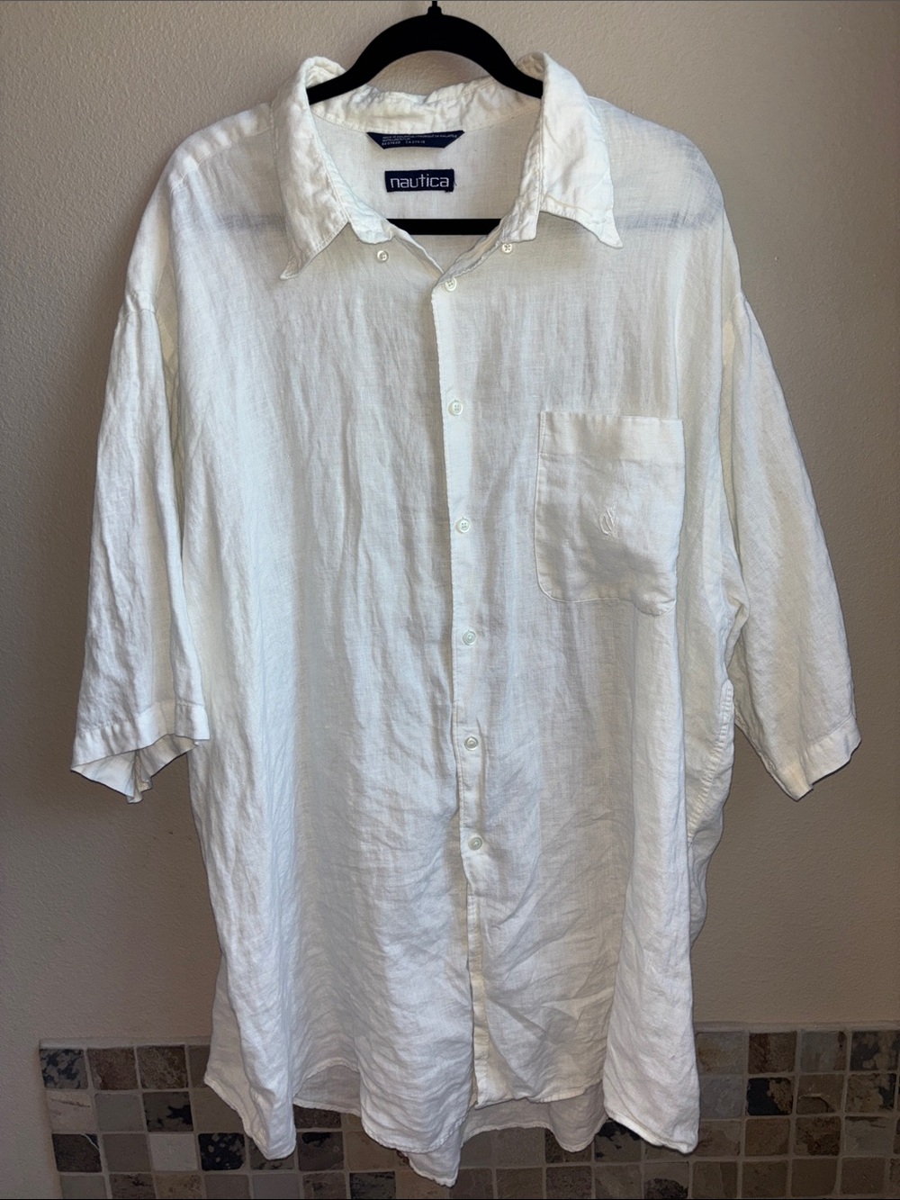 Nautica 100% Linen White Oversized Button Down Shirt Coastal Vintage